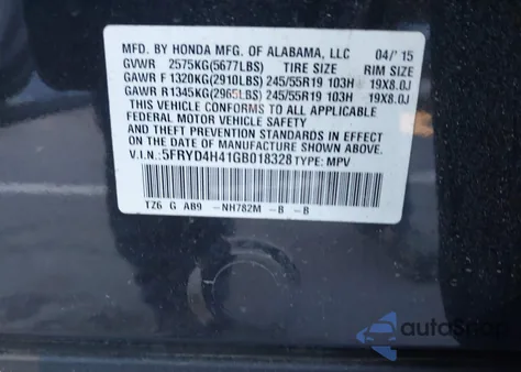 2016 Acura Mdx Technology Acurawatch Plus Packages/Technology Package from USA, damaged, VIN 5FRYD4H41GB018328